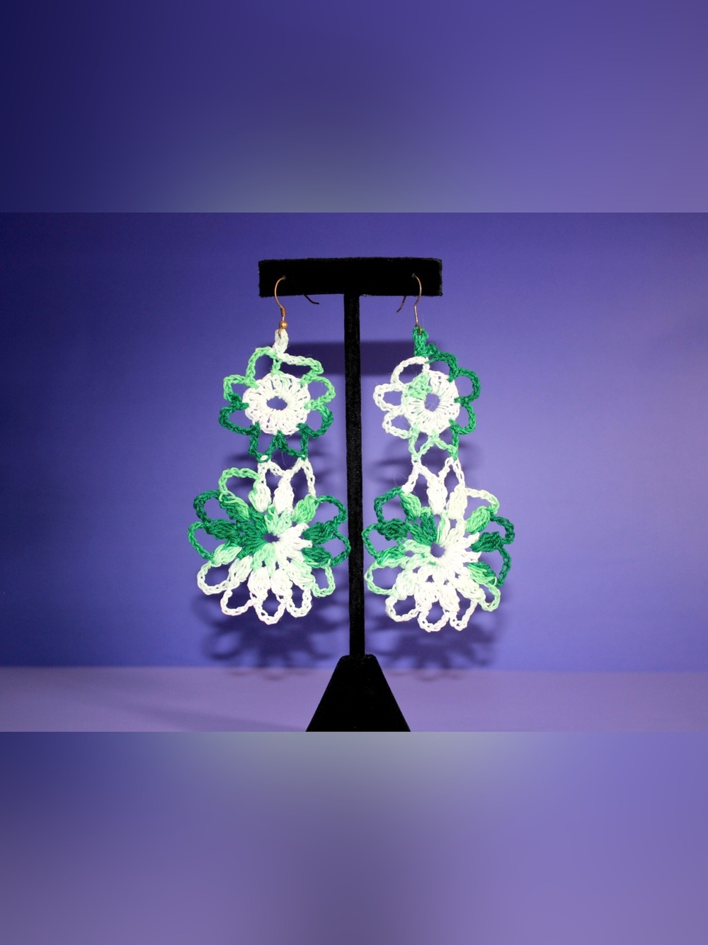Handcrafted Green White Crochet Flower Drop Earrings